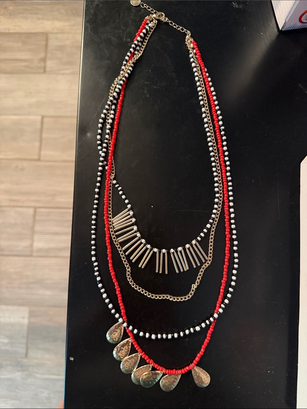 Multi-Strand Red, Black & White Beaded Necklace with Gold Accents